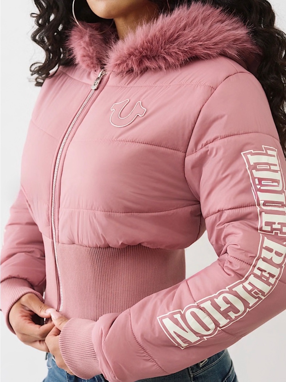 True Religion Faux Fur Shrunken Hooded Puffer Jacket in Dusty Rose